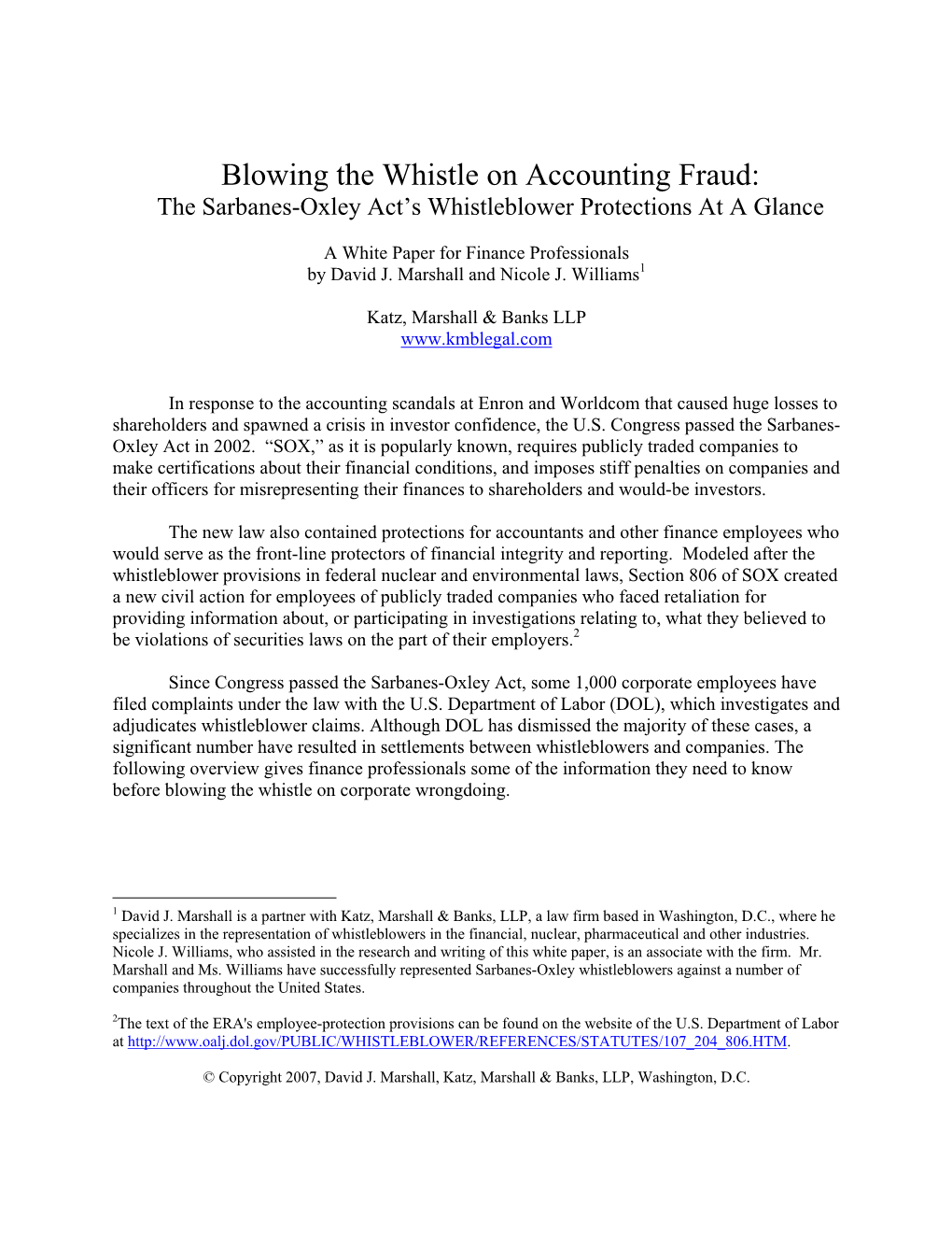 Blowing the Whistle on Accounting Fraud: the Sarbanes-Oxley Act’S Whistleblower Protections at a Glance