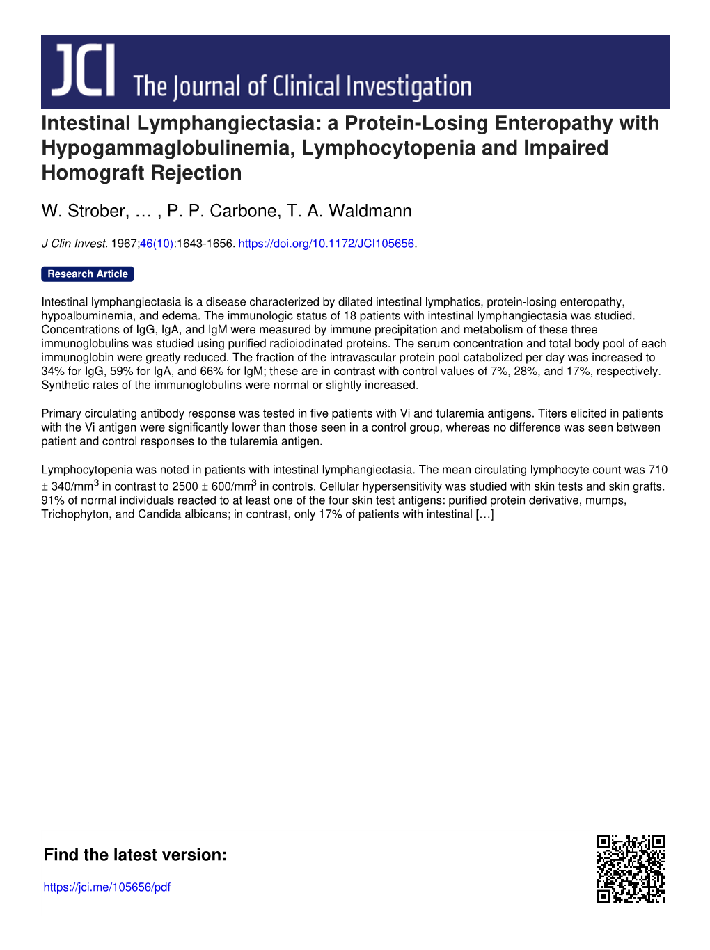 Intestinal Lymphangiectasia: a Protein-Losing Enteropathy with Hypogammaglobulinemia, Lymphocytopenia and Impaired Homograft Rejection