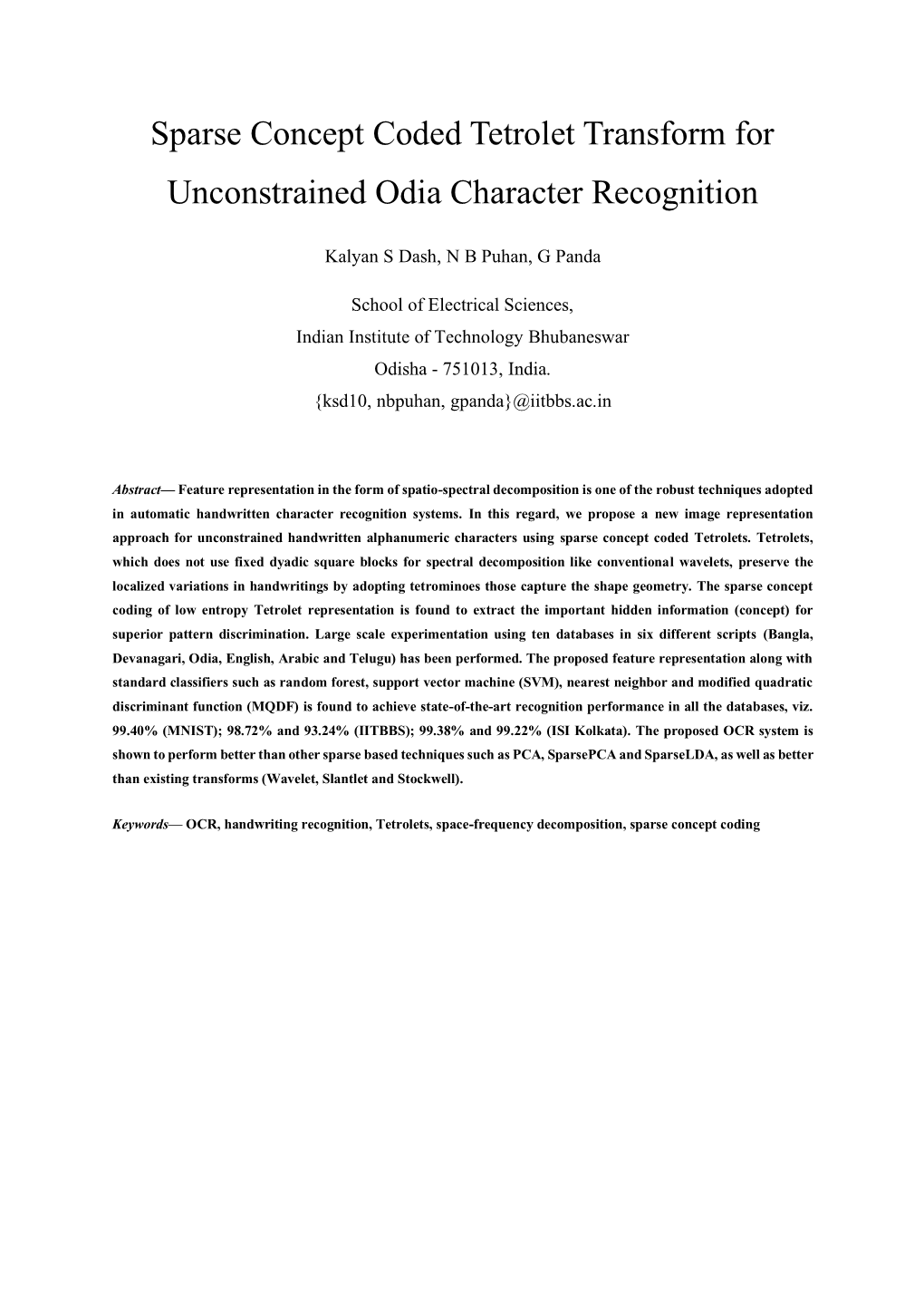 Sparse Concept Coded Tetrolet Transform for Unconstrained Odia Character Recognition