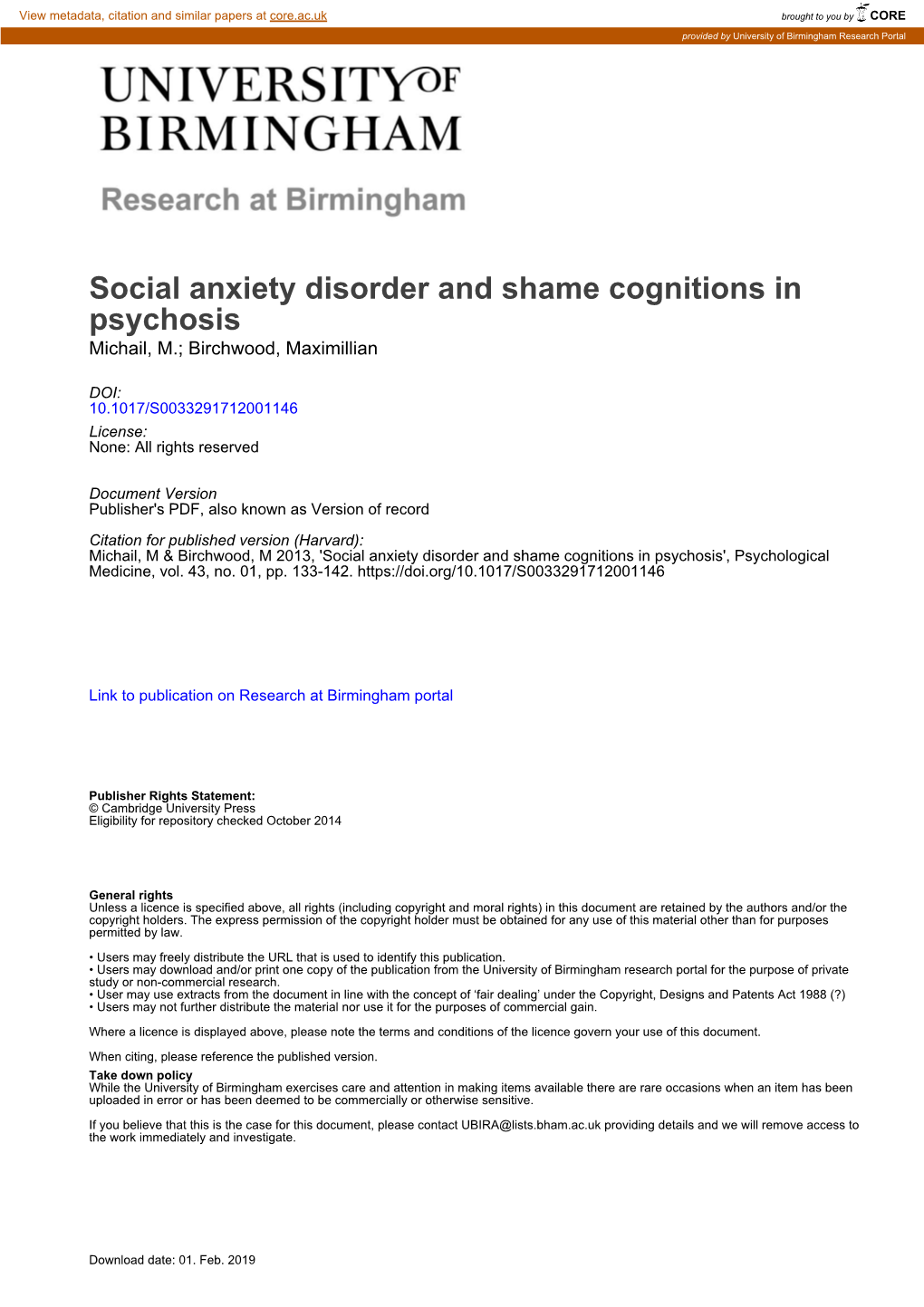 Social Anxiety Disorder and Shame Cognitions in Psychosis Michail, M.; Birchwood, Maximillian