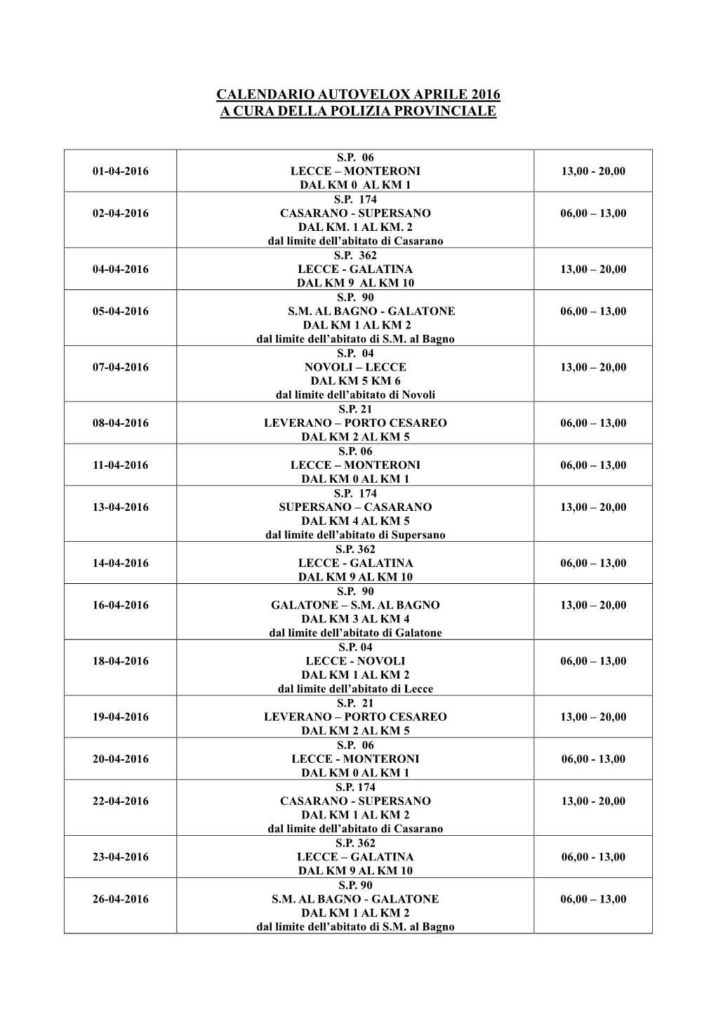 Calendario Autovelox Aprile 2016 a Cura Della Polizia Provinciale