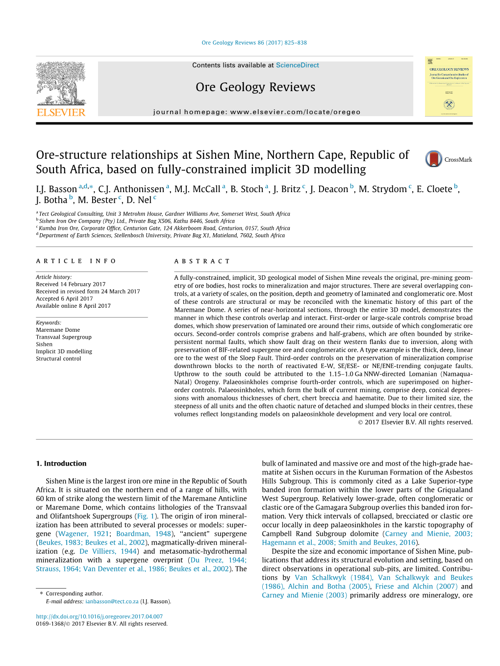 Ore-Structure Relationships at Sishen Mine, Northern Cape, Republic of South Africa, Based on Fully-Constrained Implicit 3D Modelling ⇑ I.J