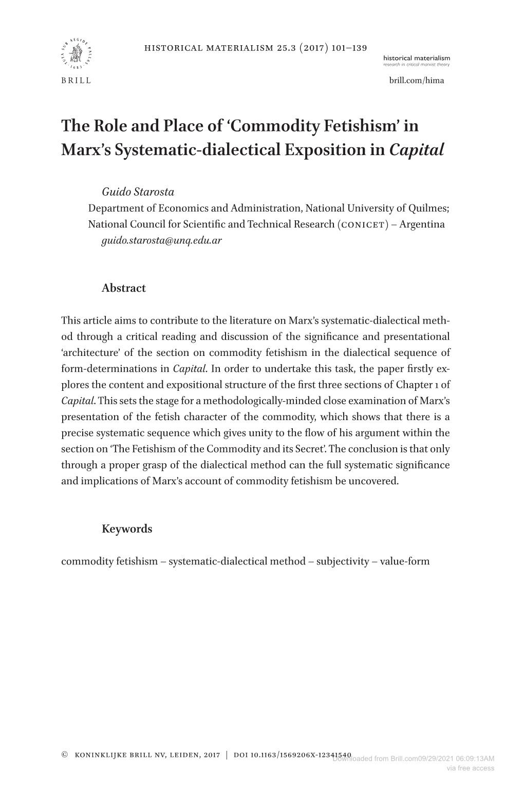 The Role and Place of 'Commodity Fetishism' in Marx's Systematic-Dialectical Exposition in Capital