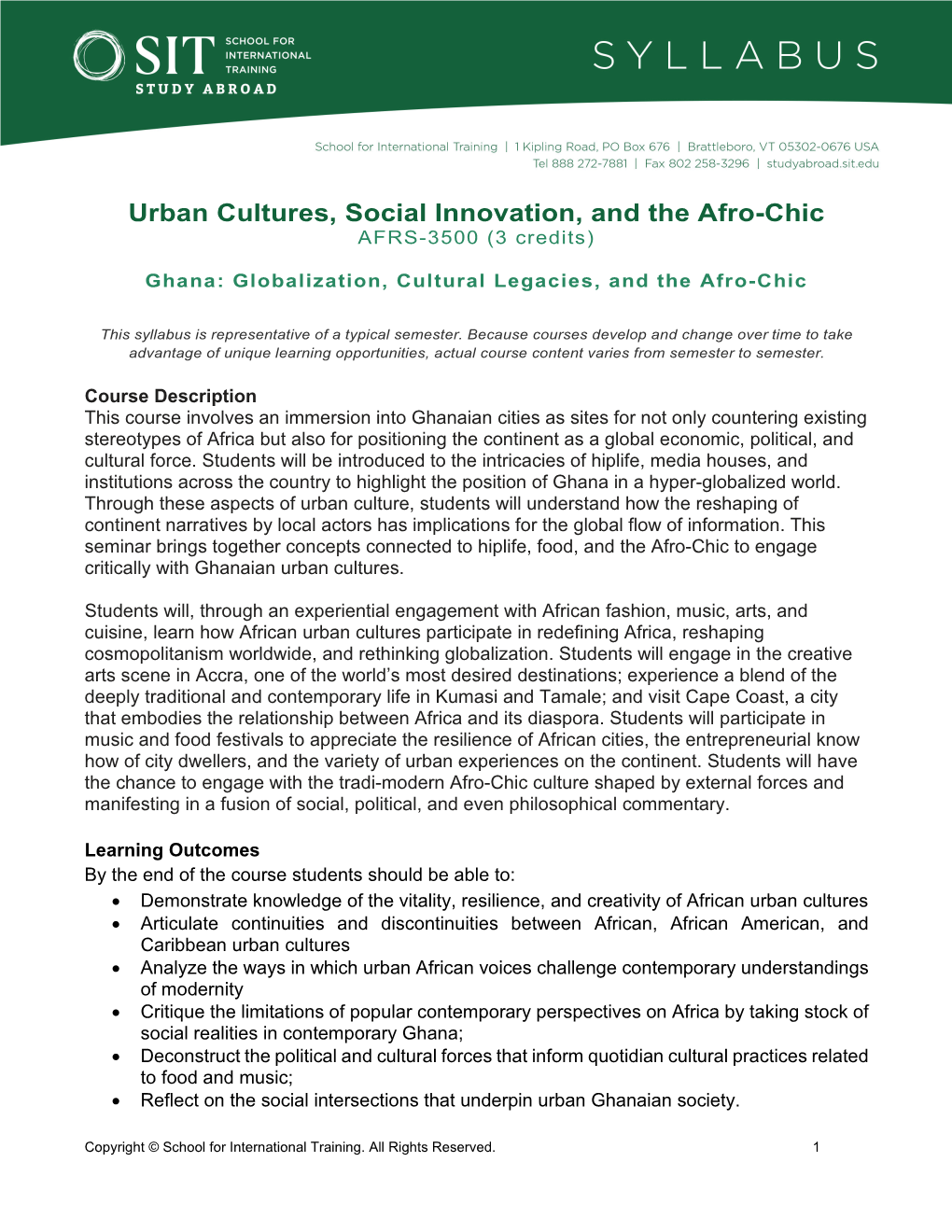 Urban Cultures, Social Innovation, and the Afro-Chic AFRS-3500 (3 Credits)