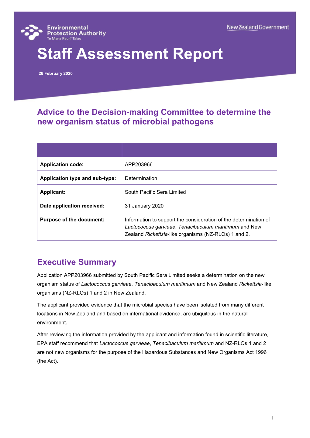 Staff Assessment Report