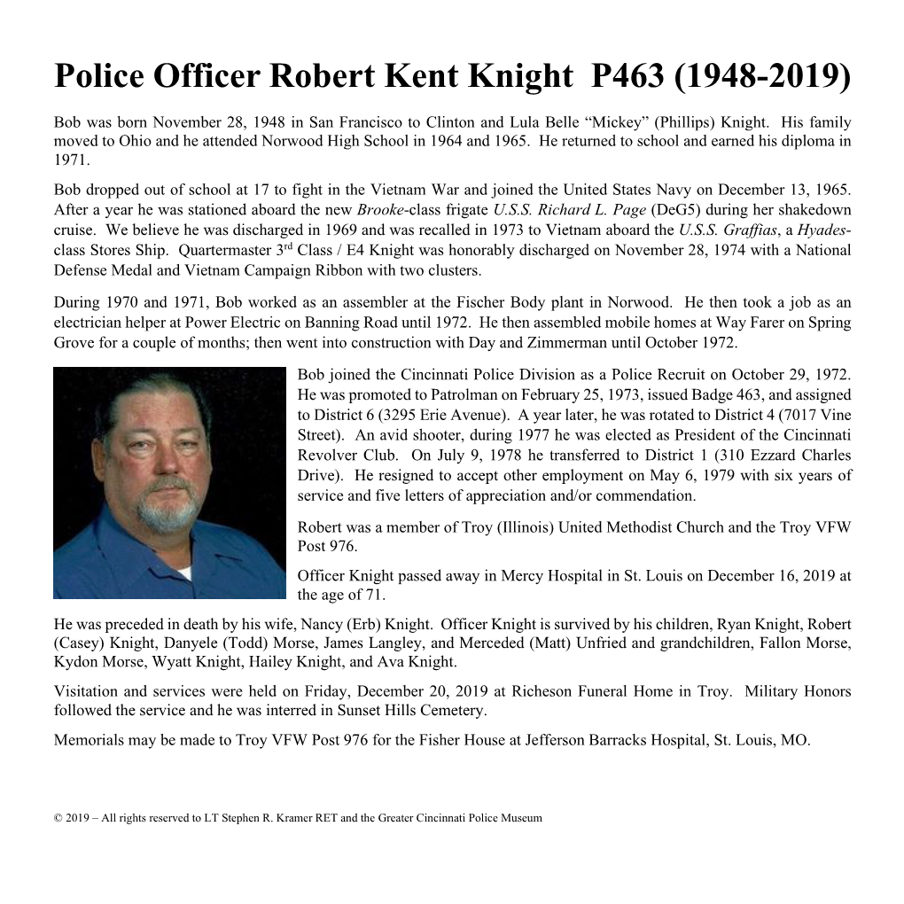 Police Officer Robert Kent Knight P463 (1948-2019)