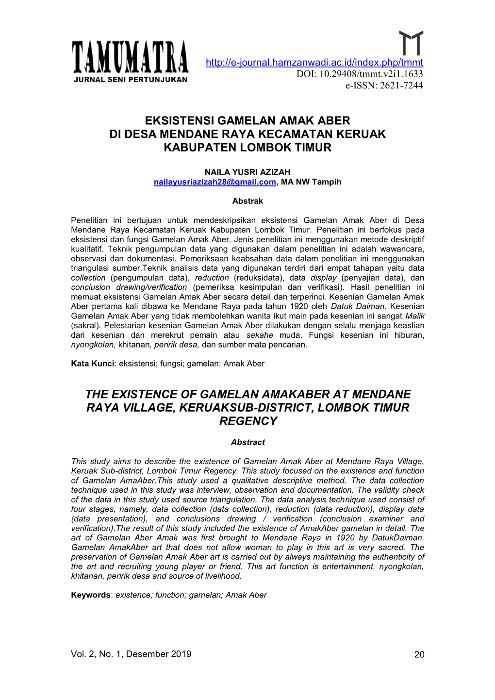 Eksistensi Gamelan Amak Aber Di Desa Mendane Raya Kecamatan Keruak Kabupaten Lombok Timur