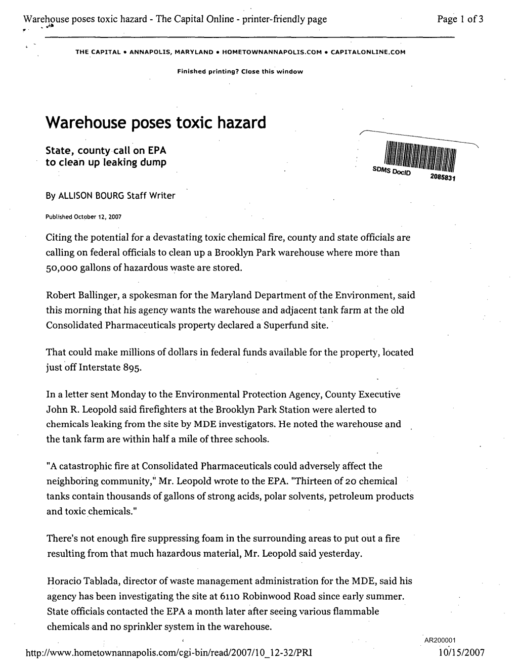 Warehouse Poses Toxic Hazard - the Capital Online - Printer-Friendly Page Page 1 of 3 * •**