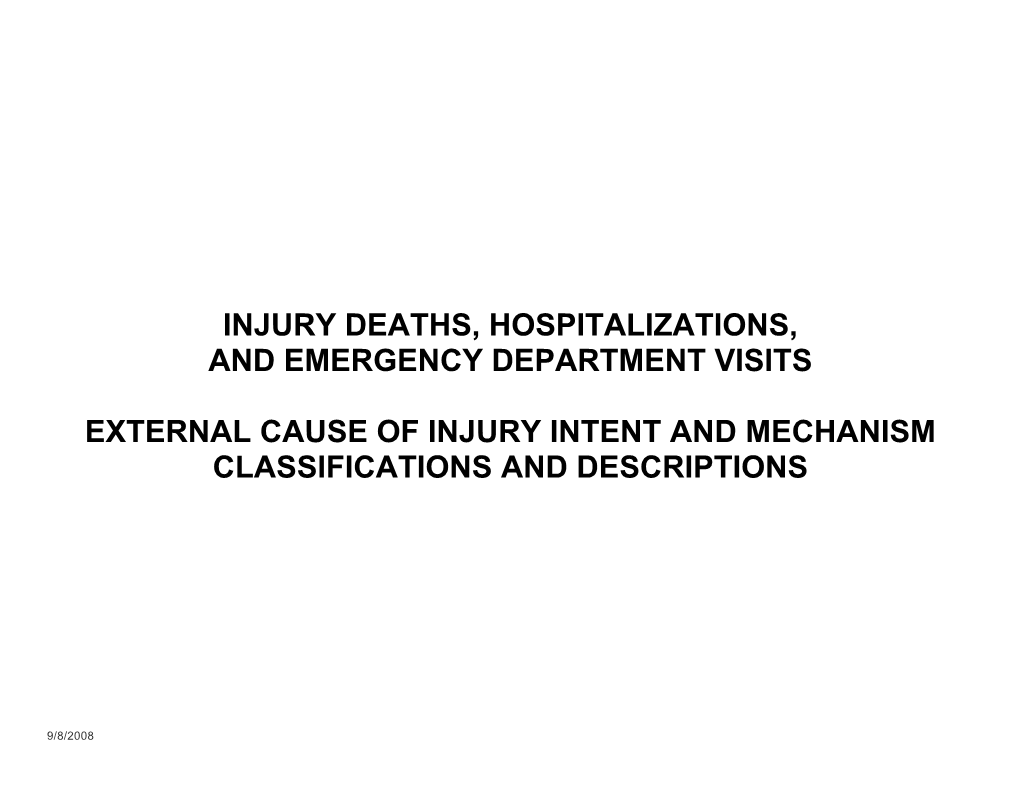 Injury Deaths, Hospitalizations, and Emergency Department Visits External Cause of Injury Intent and Mechanism Classifications A