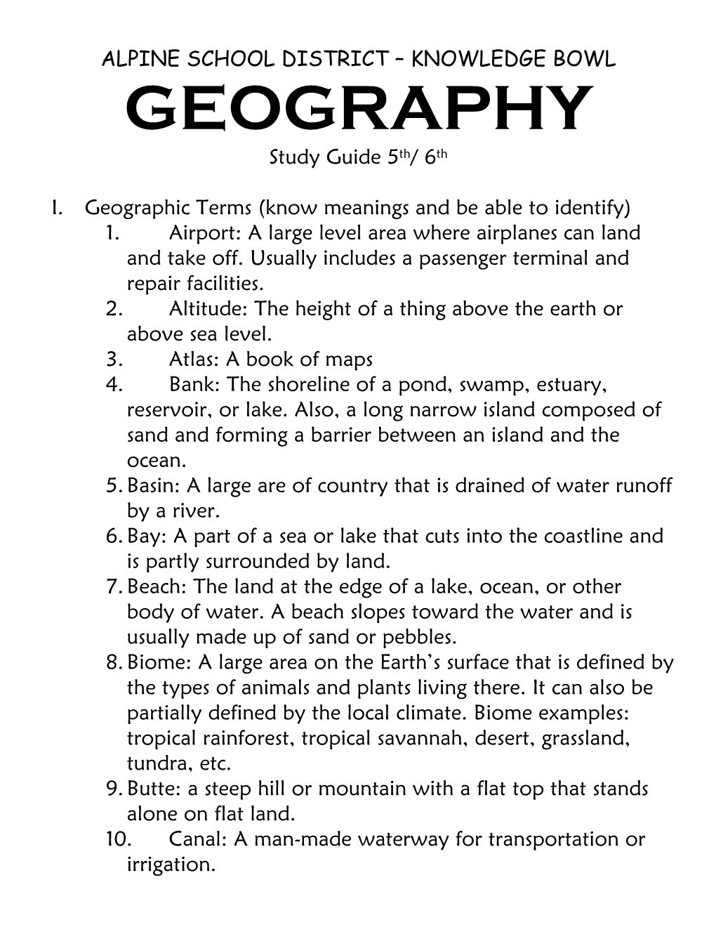 GEOGRAPHY Study Guide 5Th/ 6Th