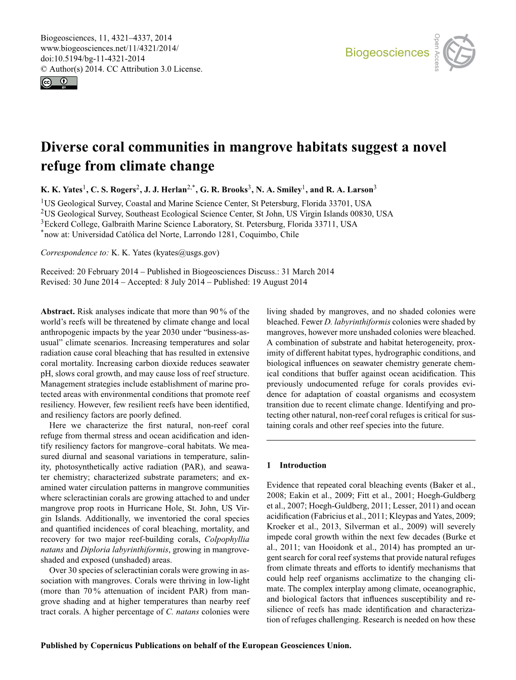 Diverse Coral Communities in Mangrove Habitats Suggest a Novel Refuge from Climate Change