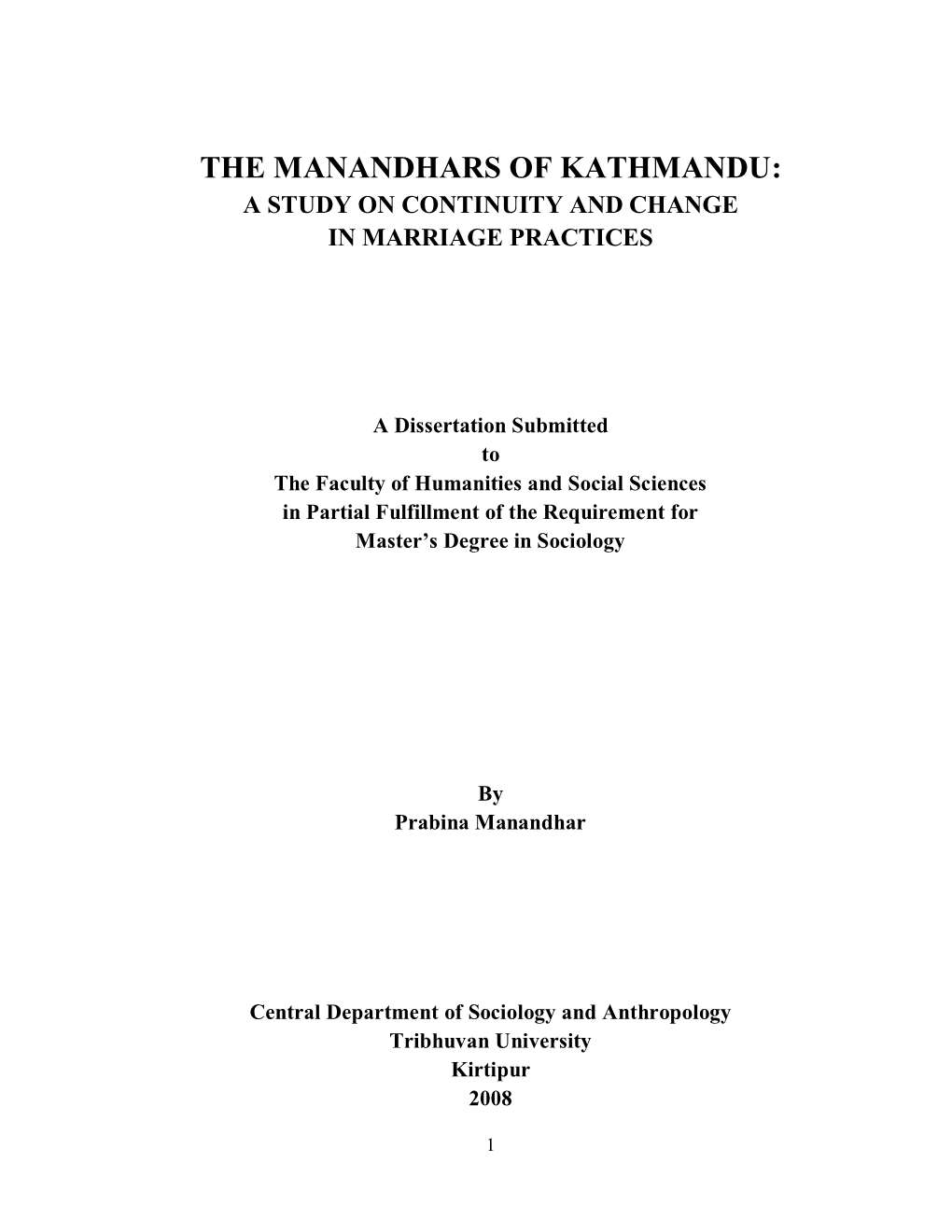The Manandhars of Kathmandu: a Study on Continuity and Change in Marriage Practices