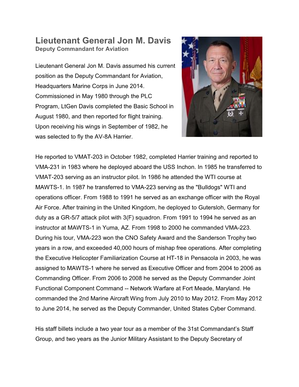 Lieutenant General Jon M. Davis Deputy Commandant for Aviation