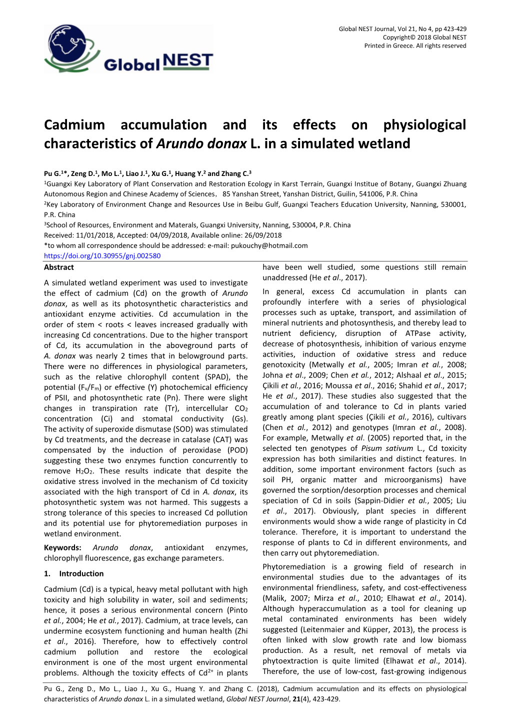 Cadmium Accumulation and Its Effects on Physiological Characteristics of Arundo Donax L