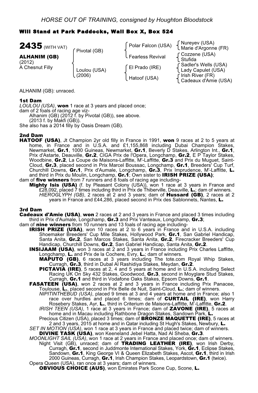 HORSE out of TRAINING, Consigned by Houghton Bloodstock