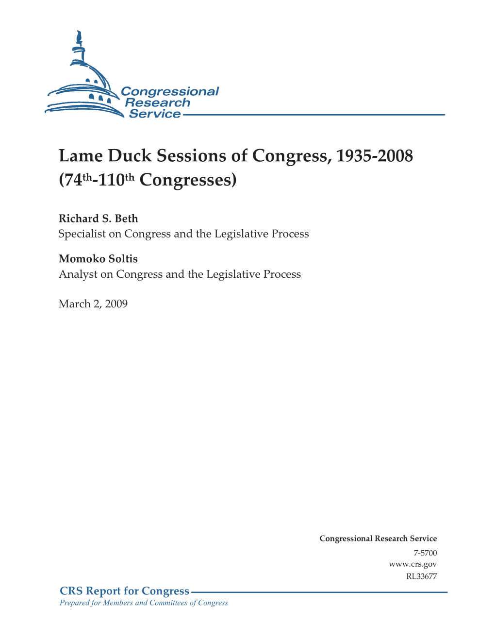 Lame Duck Sessions of Congress, 1935-2008 (74Th-110Th Congresses)