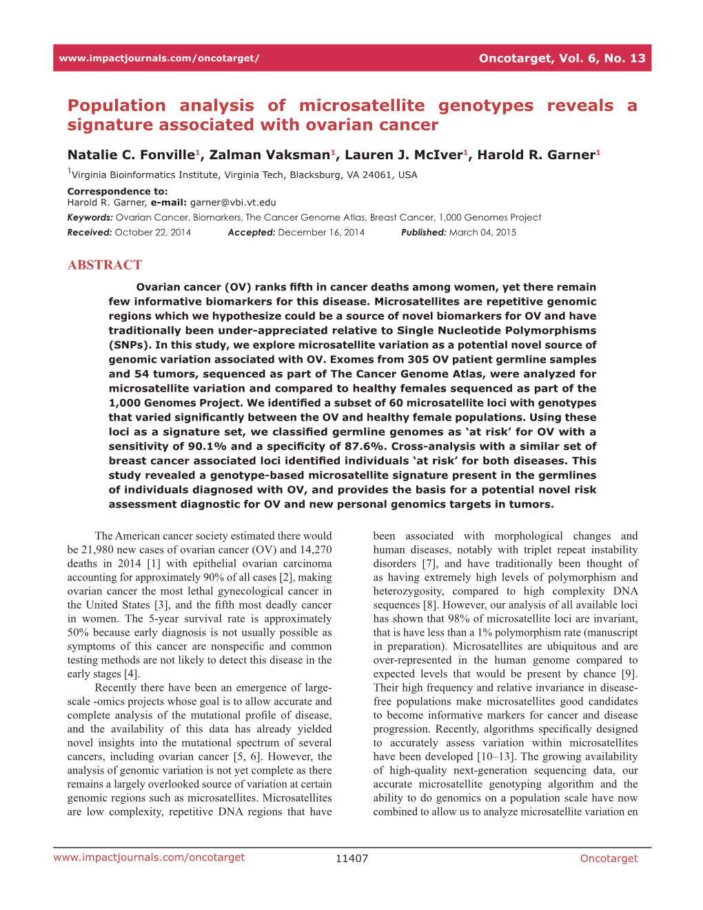 Population Analysis of Microsatellite Genotypes Reveals a Signature Associated with Ovarian Cancer