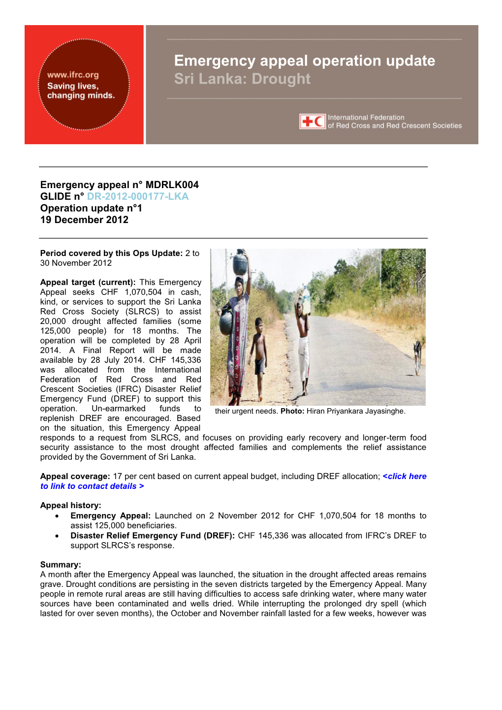 Emergency Appeal Operation Update Sri Lanka: Drought