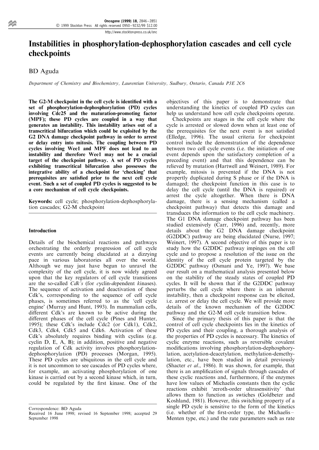 Instabilities in Phosphorylation-Dephosphorylation Cascades and Cell Cycle Checkpoints