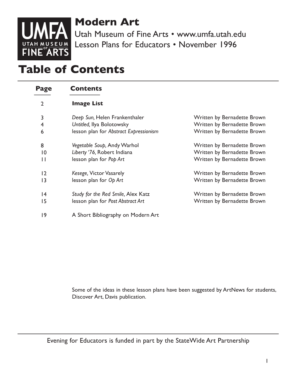 Modern Art Utah Museum of Fine Arts • Lesson Plans for Educators • November 1996