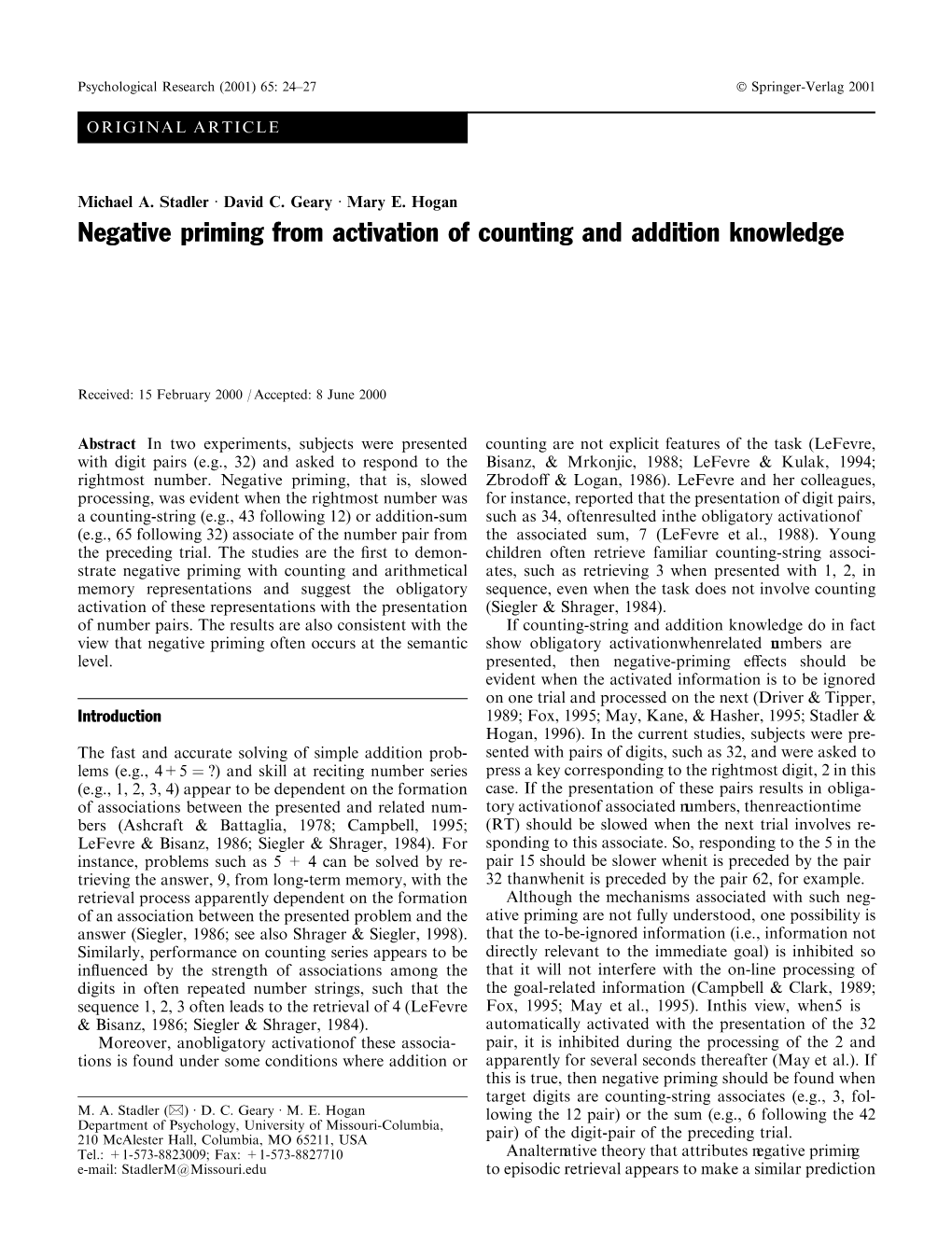 Negative Priming from Activation of Counting and Addition Knowledge