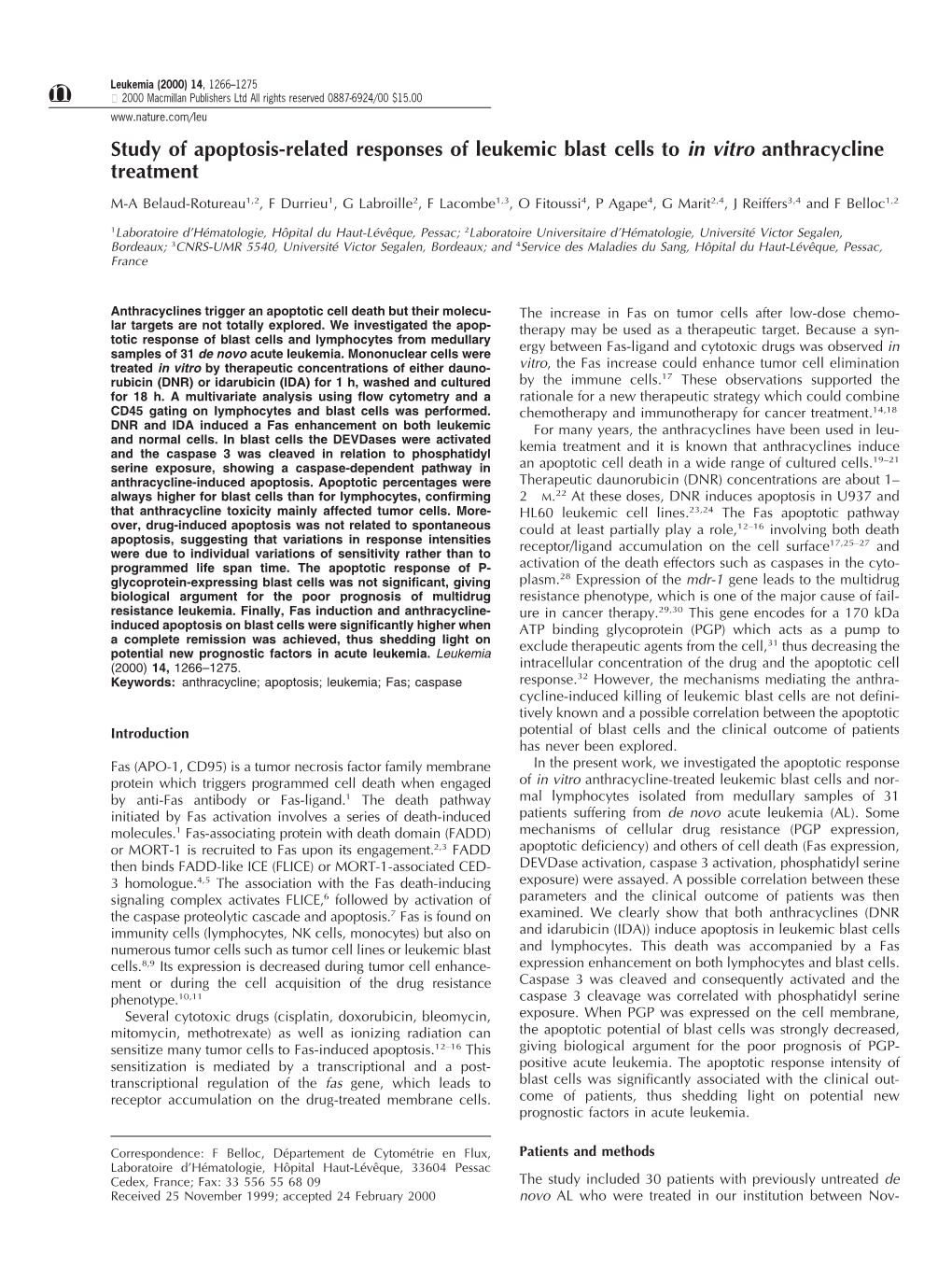 Study of Apoptosis-Related Responses of Leukemic Blast Cells to in Vitro