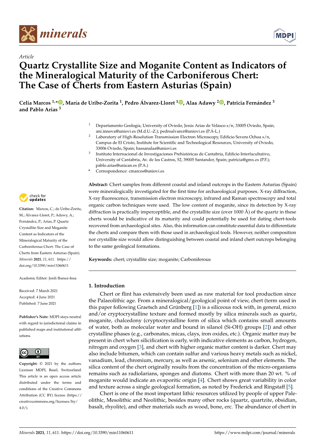 Quartz Crystallite Size and Moganite Content As Indicators of the Mineralogical Maturity of the Carboniferous Chert: the Case of Cherts from Eastern Asturias (Spain)