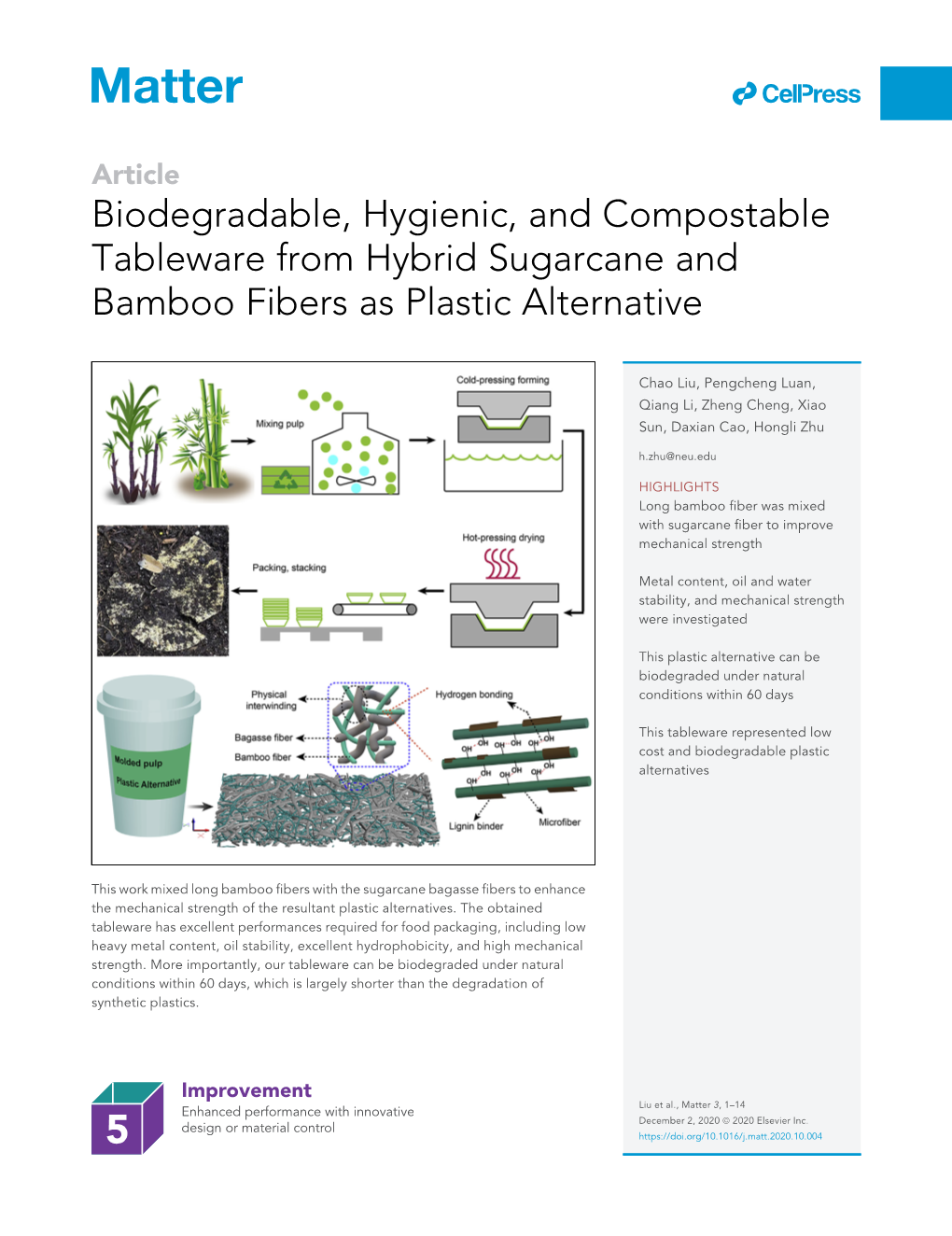 Biodegradable, Hygienic, and Compostable Tableware from Hybrid Sugarcane and Bamboo Fibers As Plastic Alternative