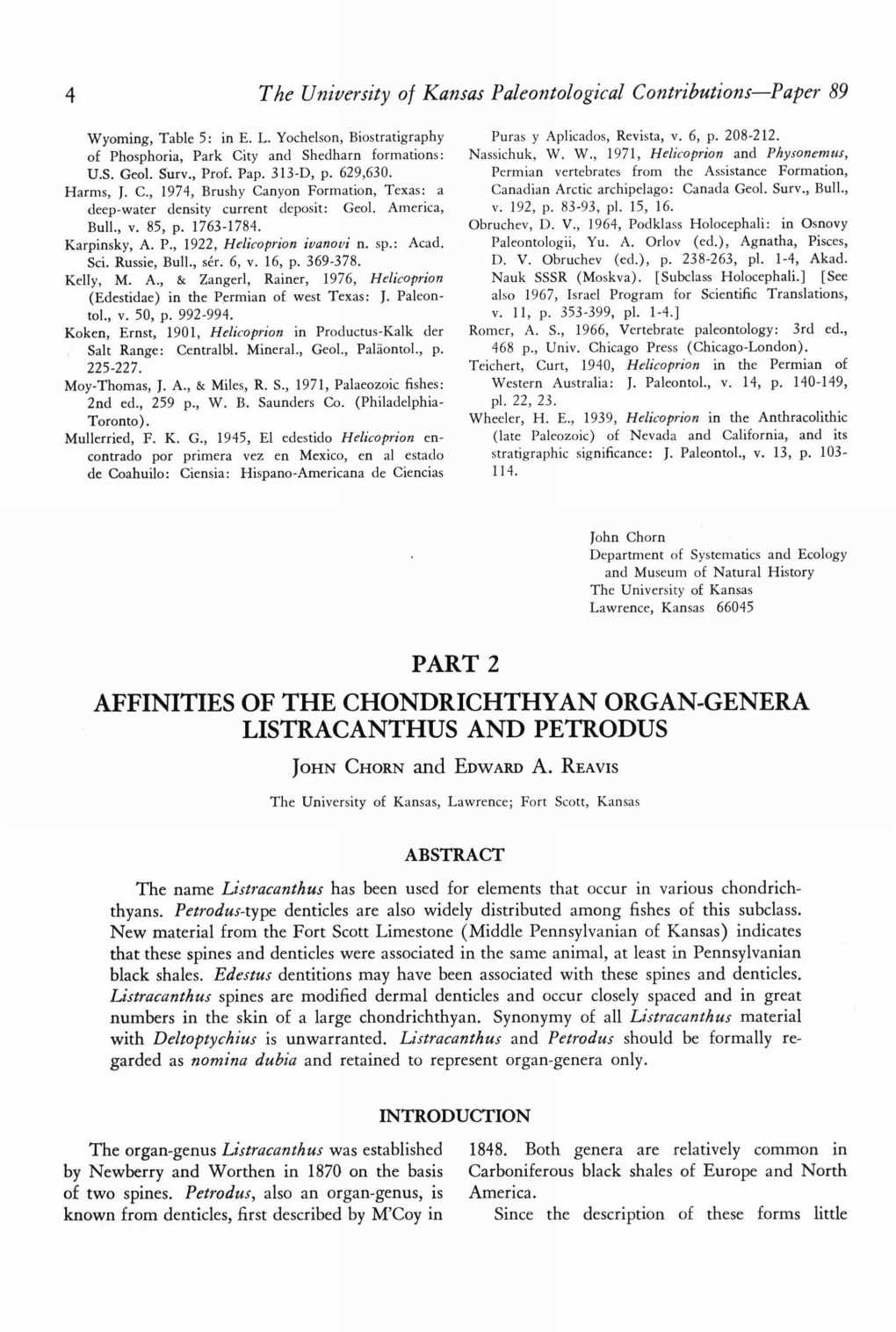 Affinities of the Chondrichthyan Organ-Genera Listracanthus and Petrodus