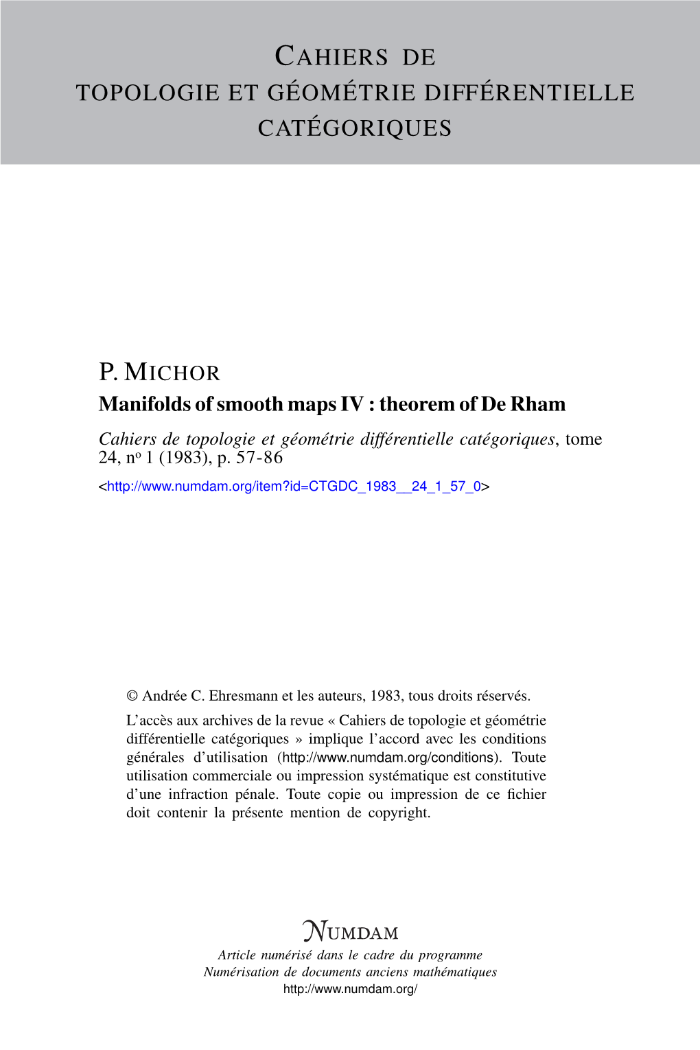 Theorem of De Rham Cahiers De Topologie Et Géométrie Différentielle Catégoriques, Tome 24, No 1 (1983), P