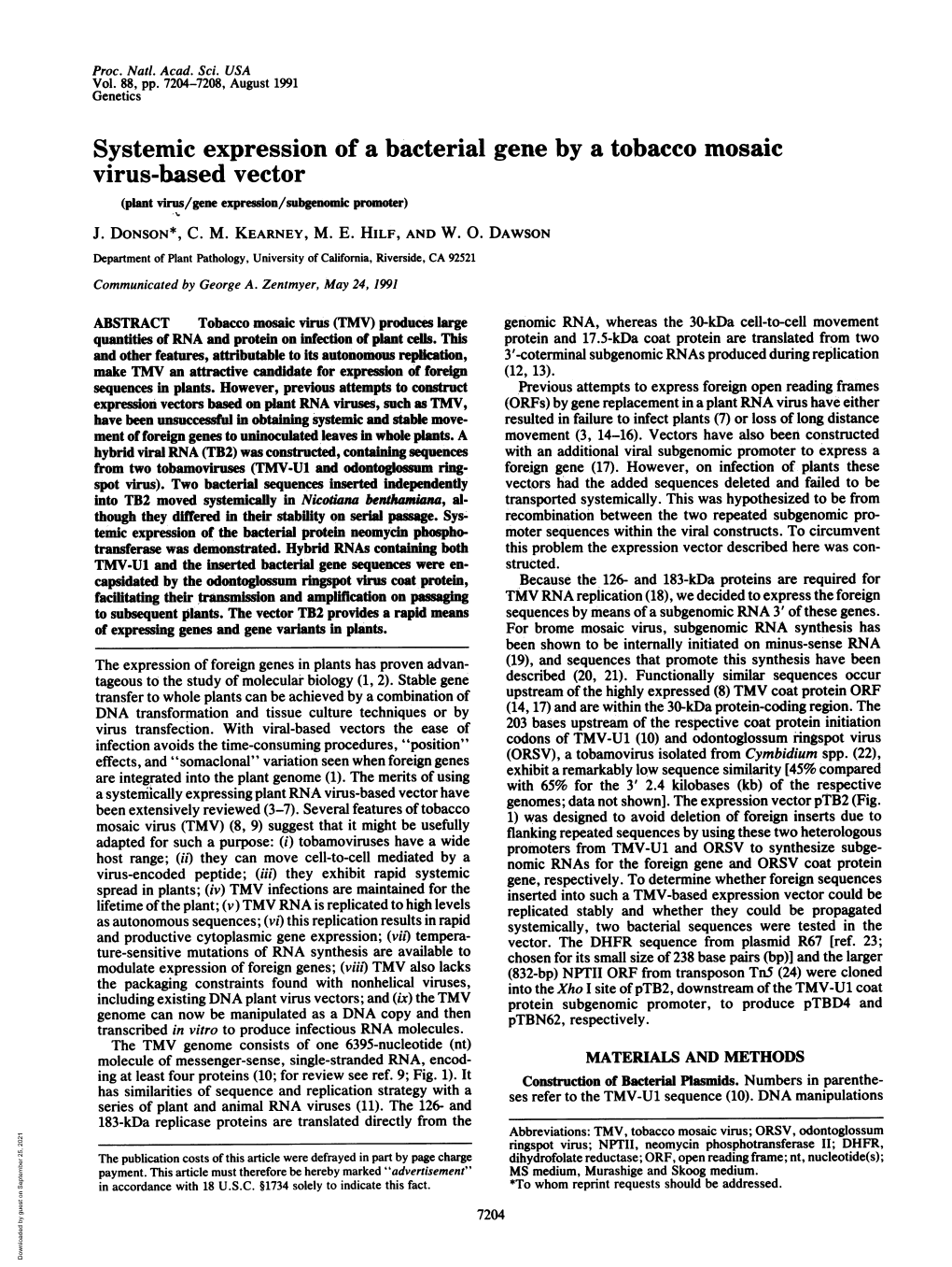 Virus-Based Vector (Plant Virus/Gene Expression/Subgenomic Promoter) J