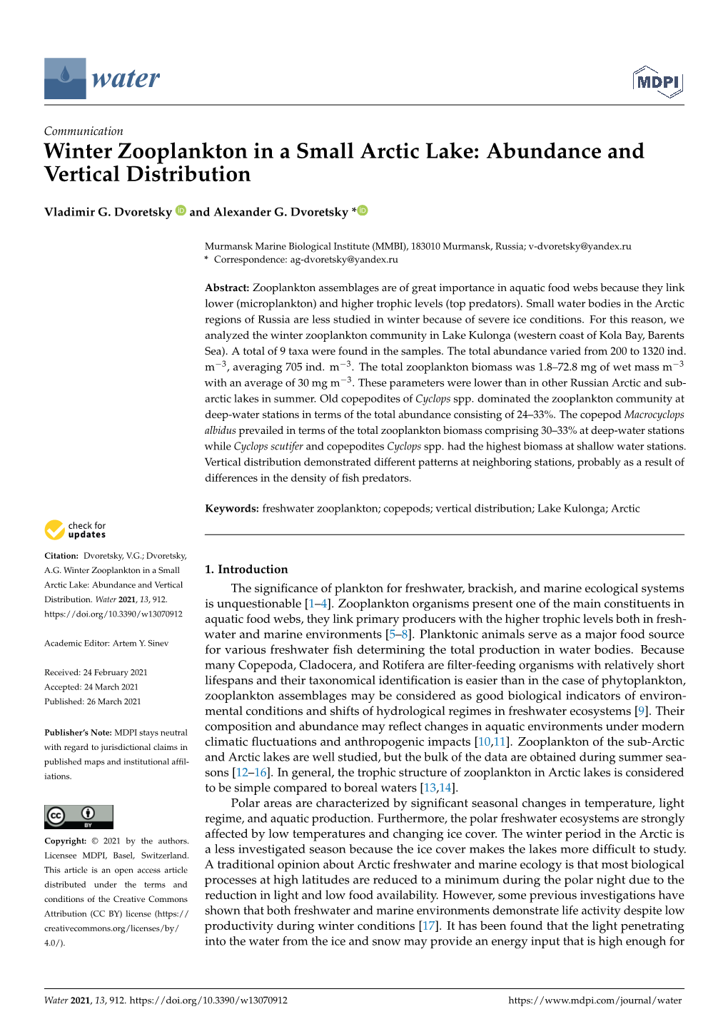 Winter Zooplankton in a Small Arctic Lake: Abundance and Vertical Distribution