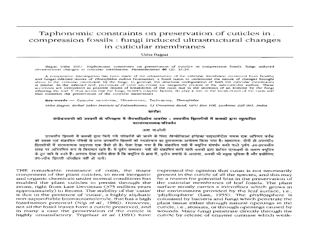 Taphonomic Constraints on Preservation of Cuticles In