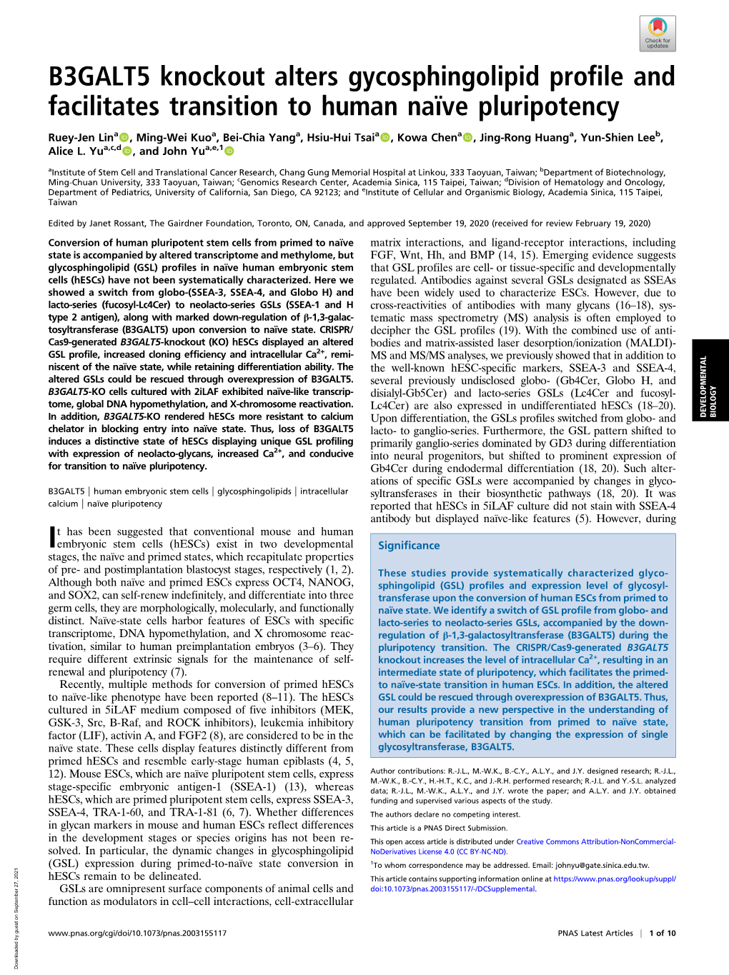 B3GALT5 Knockout Alters Gycosphingolipid Profile and Facilitates Transition to Human Naïve Pluripotency