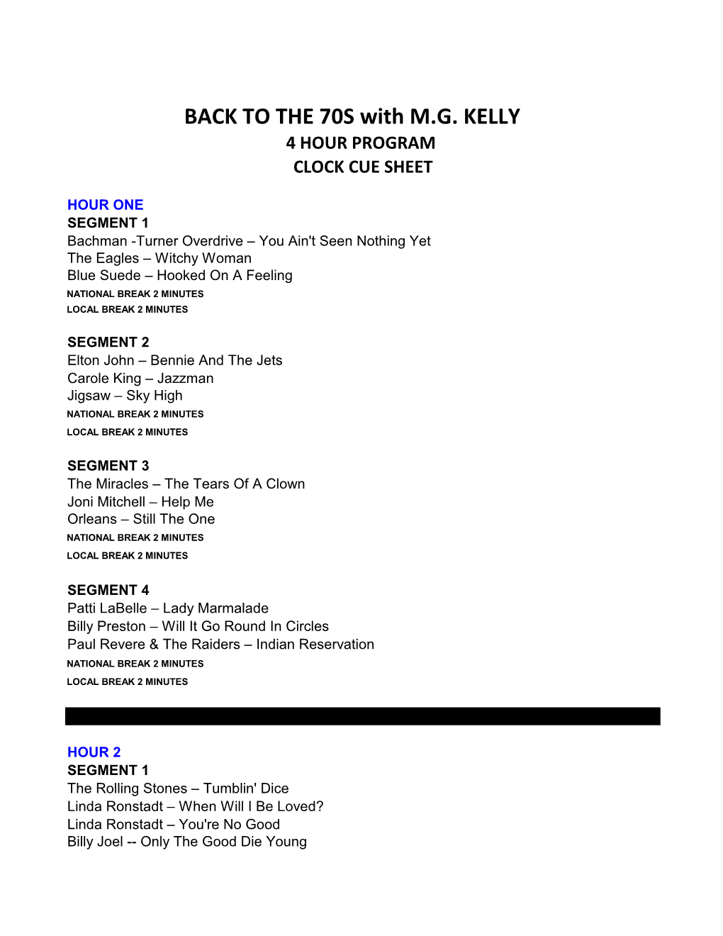 View Clock Cue Sheet