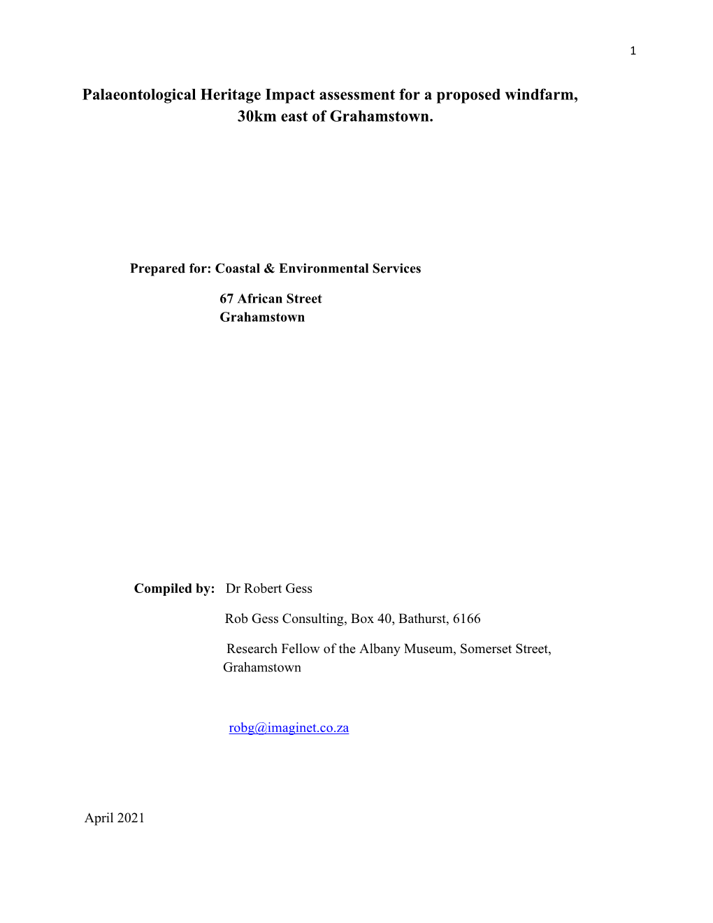 Palaeontological Heritage Impact Assessment for a Proposed Windfarm, 30Km East of Grahamstown