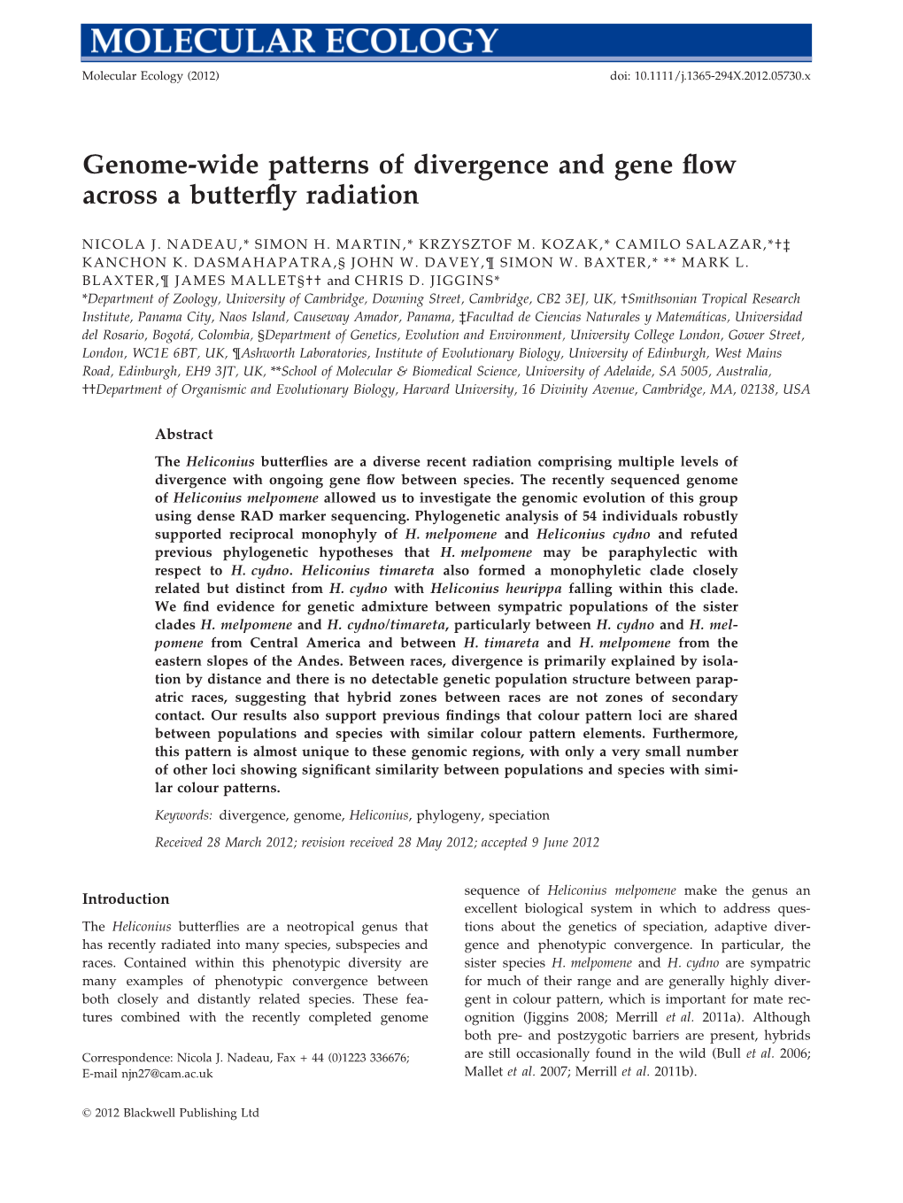 Genomewide Patterns of Divergence and Gene Flow Across a Butterfly