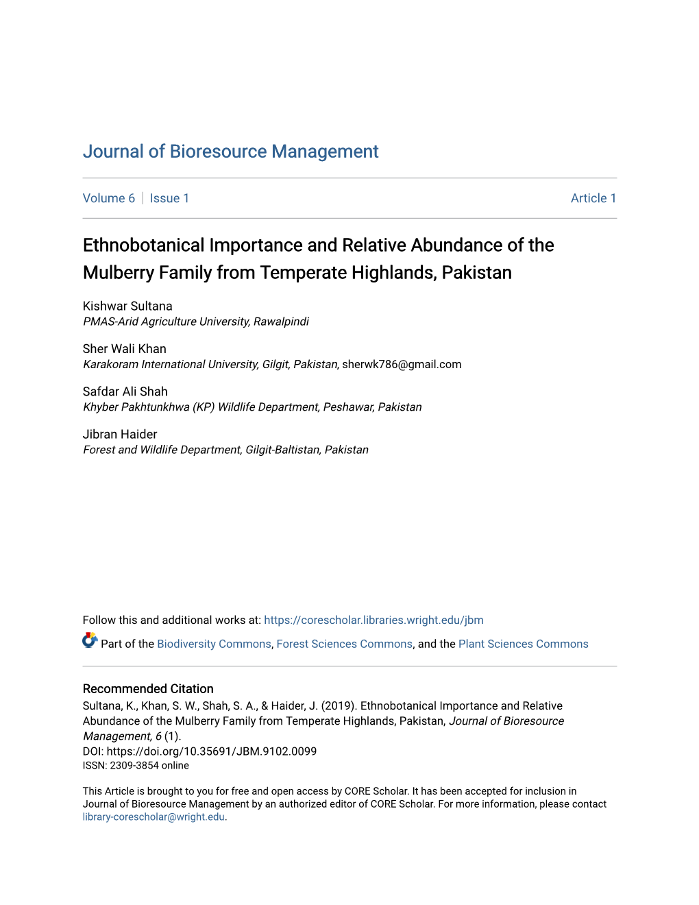 Ethnobotanical Importance and Relative Abundance of the Mulberry Family from Temperate Highlands, Pakistan