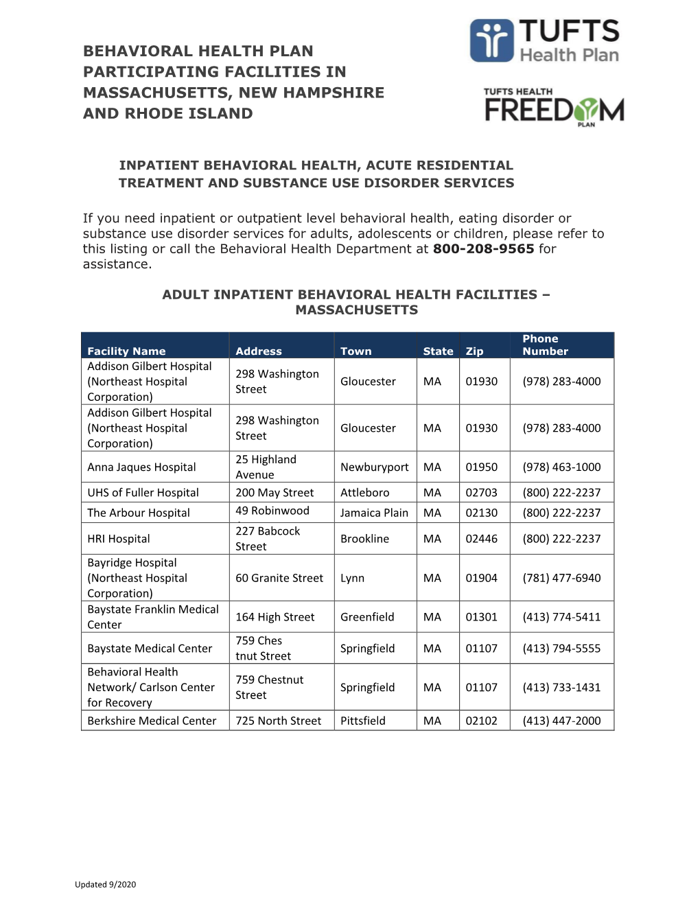 Behavioral Health Plan Participating Facilities in Massachusetts, New Hampshire and Rhode Island