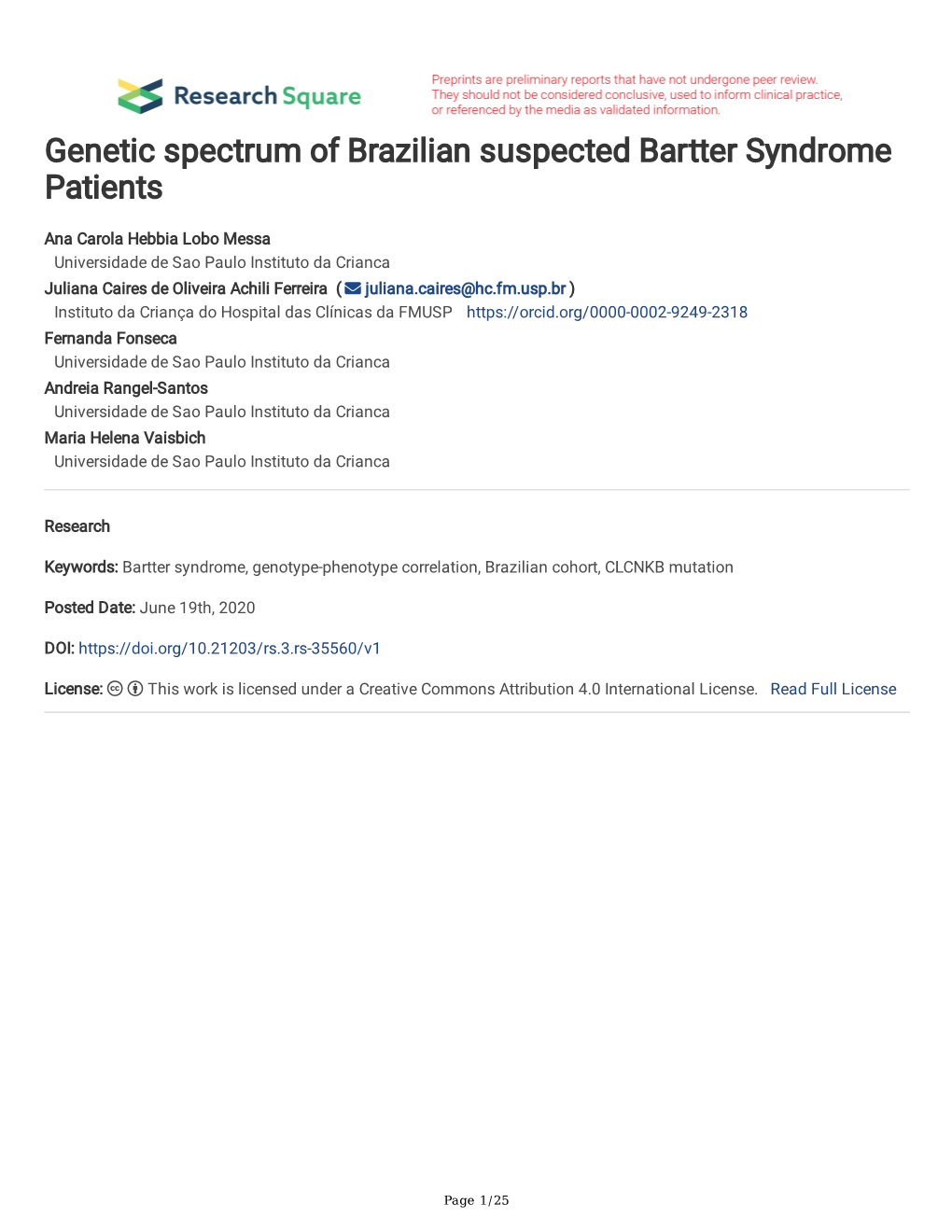 Genetic Spectrum of Brazilian Suspected Bartter Syndrome Patients