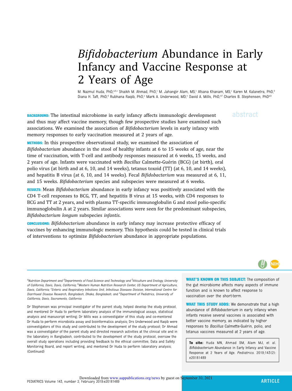 Bifidobacterium Abundance in Early Infancy and Vaccine Response at 2 Years of Age M