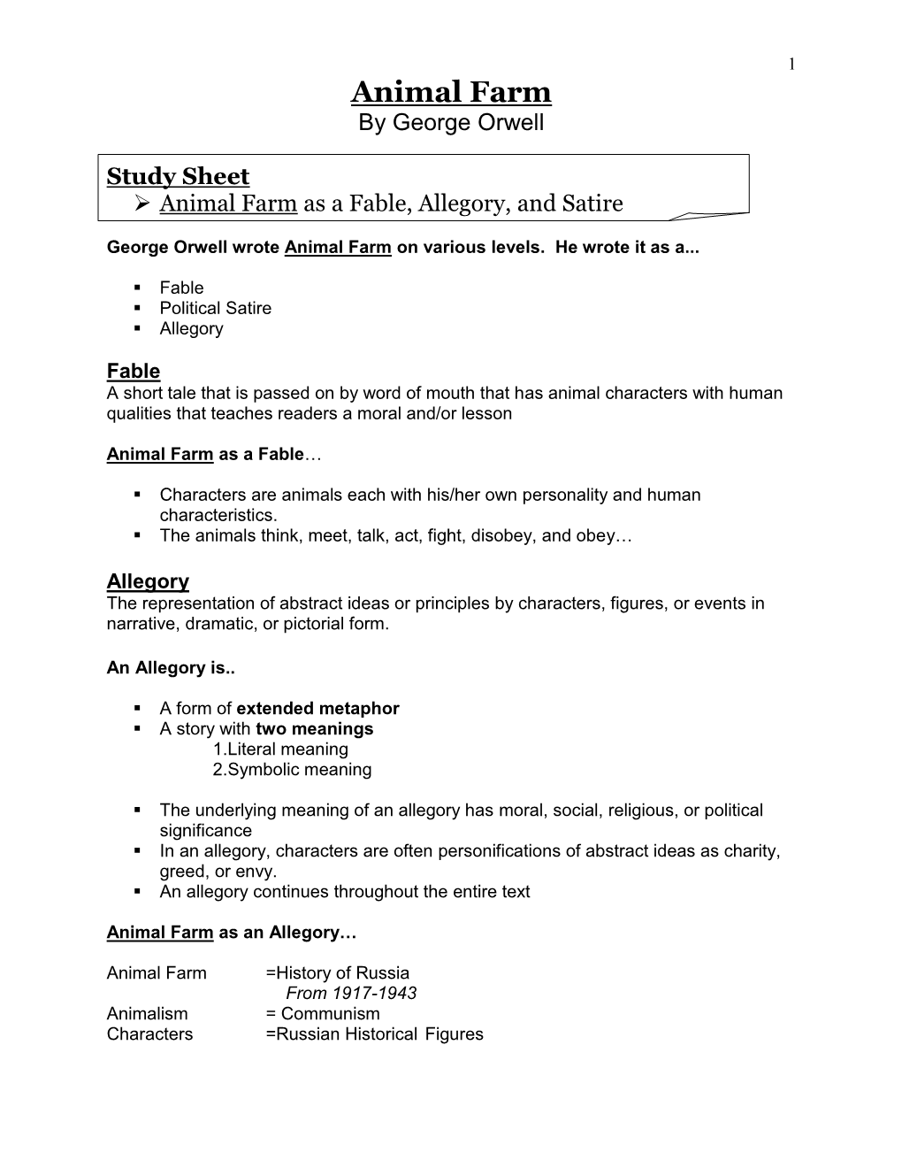 By George Orwell Study Sheet Animal Farm As a Fable, Allegory, and Satire