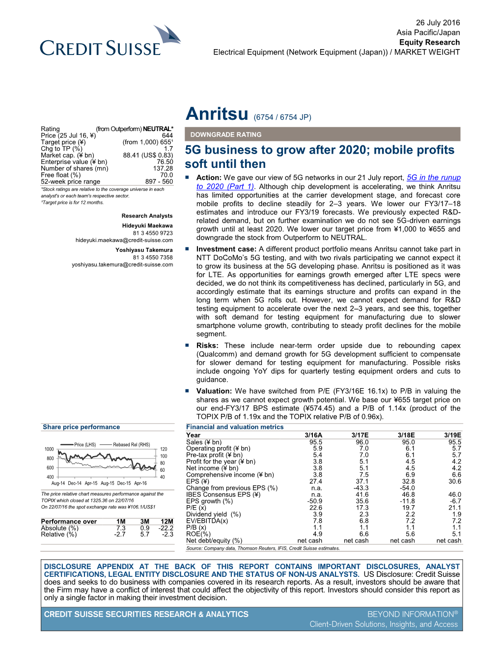 Anritsu (6754 / 6754 JP) Rating (From Outperform) NEUTRAL* Price (25 Jul 16, ¥) 644 DOWNGRADE RATING Target Price (¥) (From 1,000) 655¹ Chg to TP (%) 1.7 Market Cap