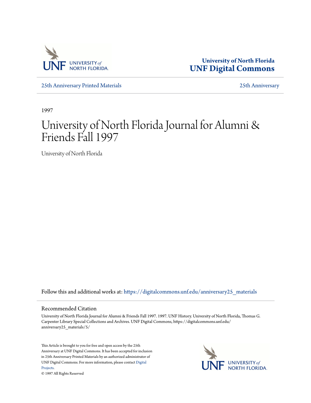 University of North Florida Journal for Alumni & Friends Fall 1997