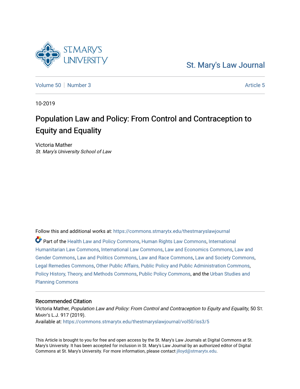 Population Law and Policy: from Control and Contraception to Equity and Equality