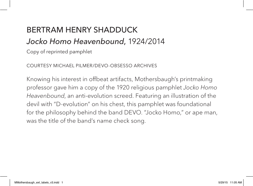 BERTRAM HENRY SHADDUCK Jocko Homo Heavenbound, 1924/2014 Copy of Reprinted Pamphlet