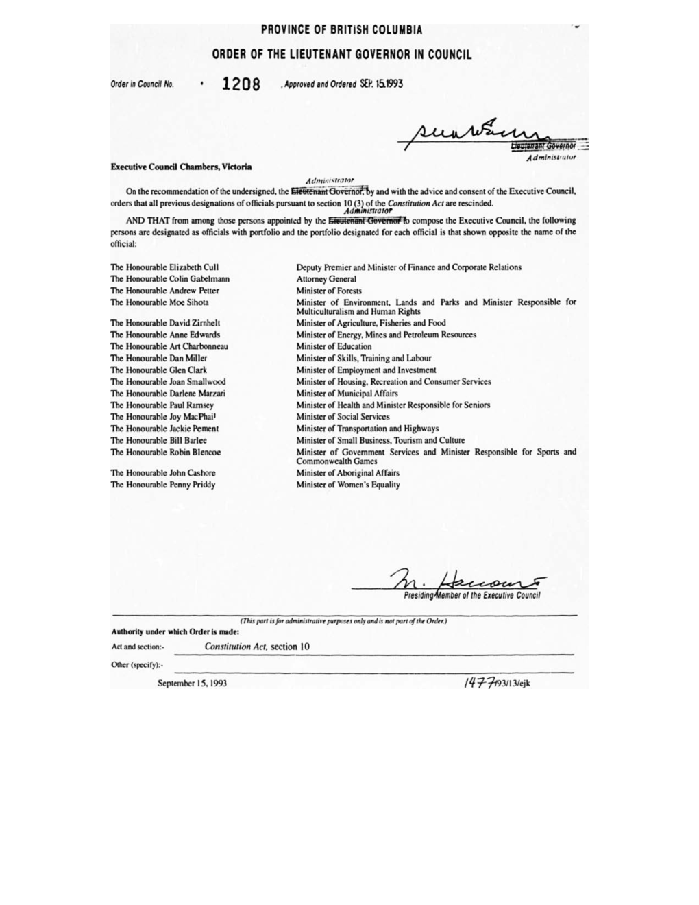 Order in Council 1208/1993