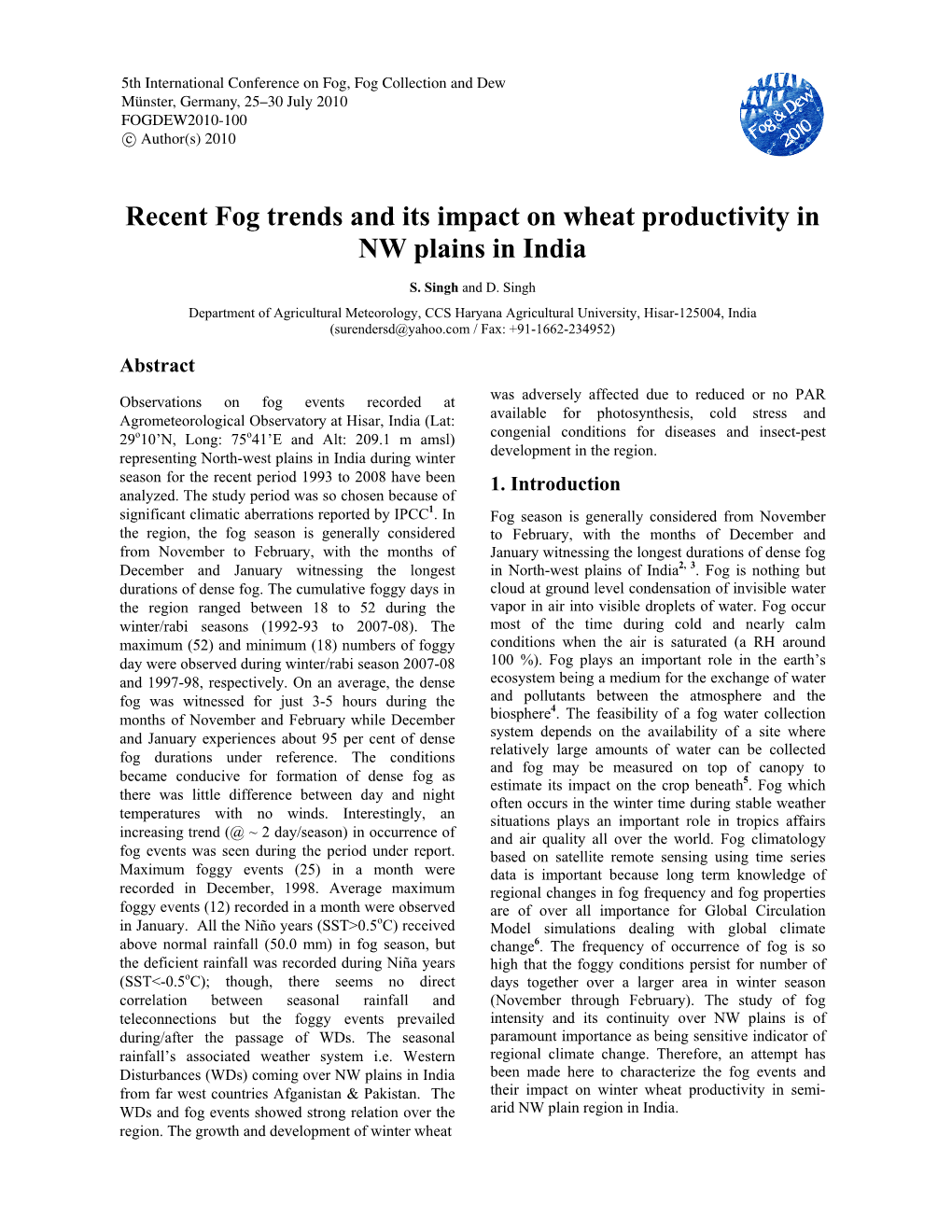 Recent Fog Trends and Its Impact on Wheat Productivity in NW Plains in India