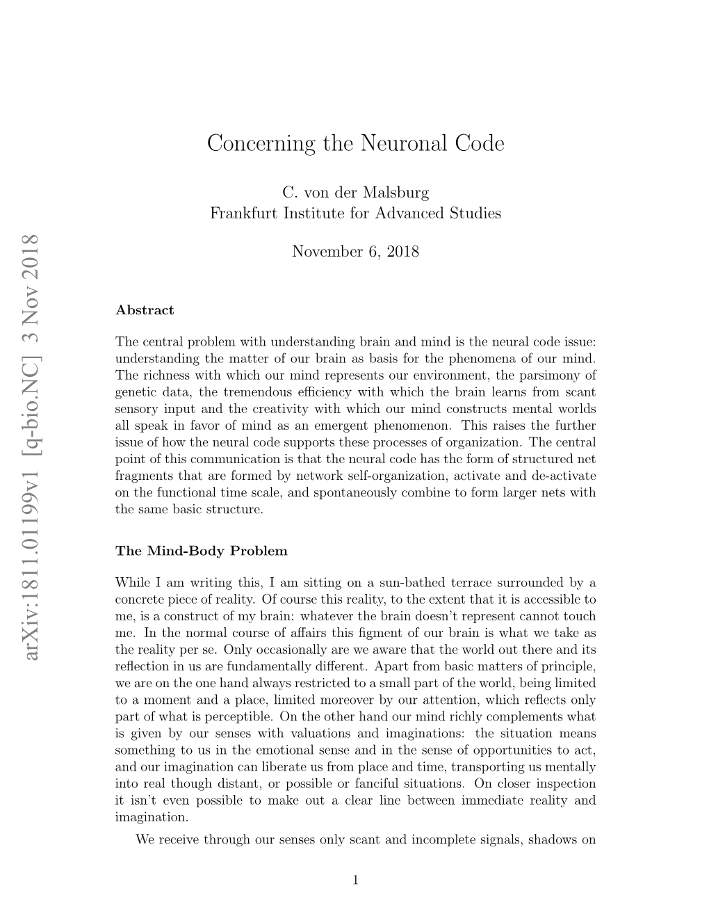 Concerning the Neuronal Code Arxiv:1811.01199V1 [Q-Bio.NC] 3