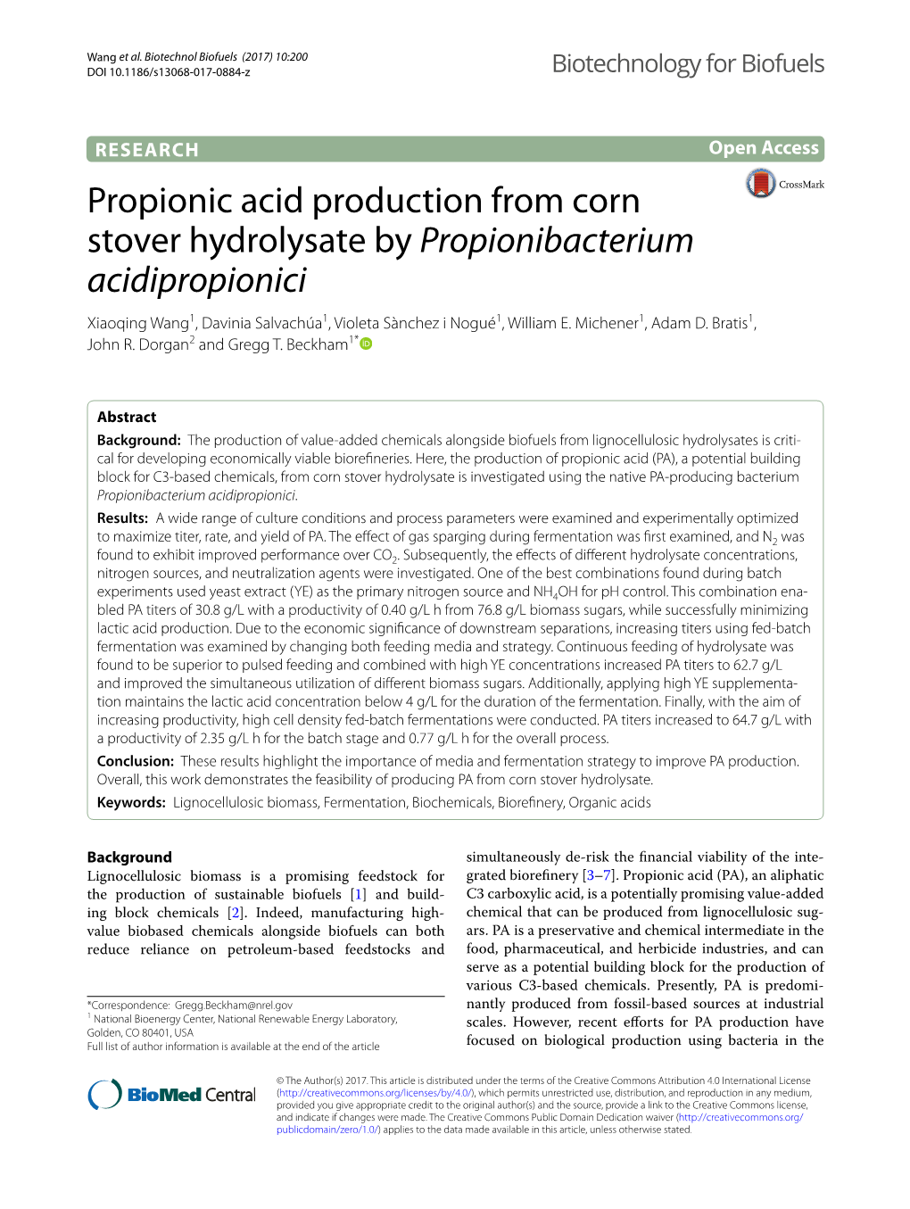 Propionic Acid Production from Corn Stover Hydrolysate by Propionibacterium Acidipropionici Xiaoqing Wang1, Davinia Salvachúa1, Violeta Sànchez I Nogué1, William E